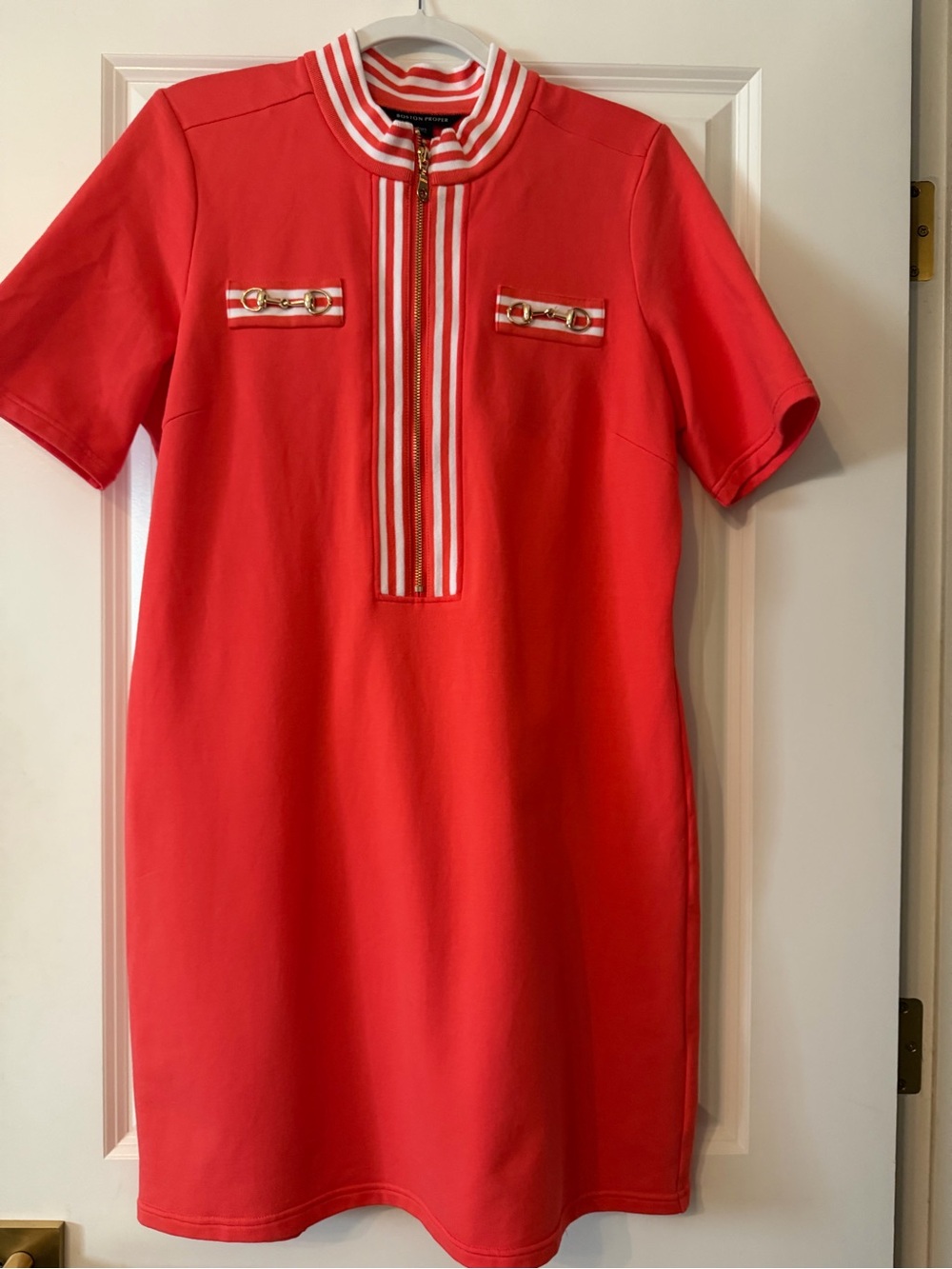 Boston Proper Red Polo-Style Dress with Gold Accents size lg beautiful